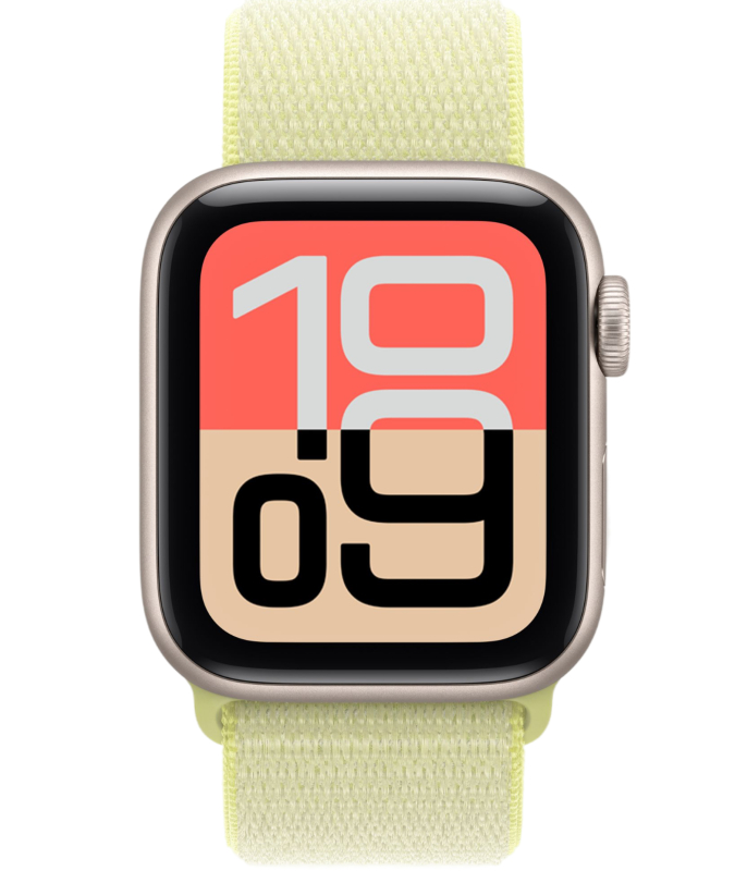 На фото изображено Apple Watch SE 3, 40 мм, корпус из алюминия цвета «Сияющая звезда», спортивный ремешок, размер M/L