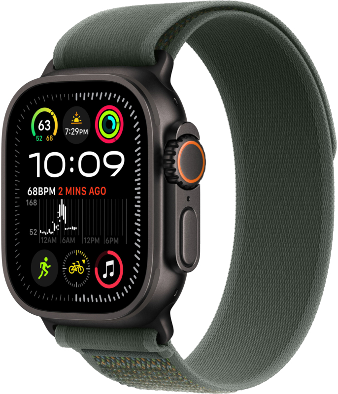 Apple Watch Ultra 2 GPS + Cellular, 49 мм, корпус из черного титана, ремешок Trail зеленого цвета, размер M/L Apple Watch Ultra 2 GPS + Cellular, 49 мм, корпус из черного титана, ремешок Trail зеленого цвета, размер M/L